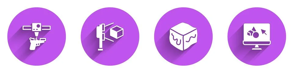 Set 3D printer gun, scanner with cube, Isometric and software icon with long Ilustração Stock
