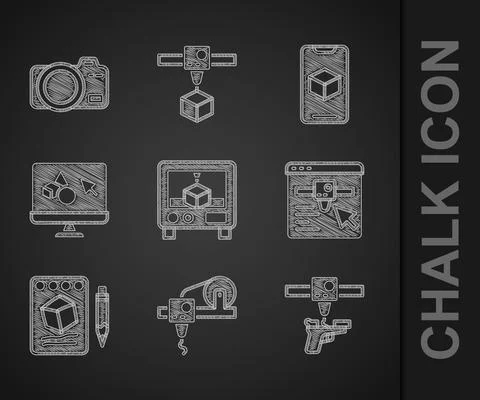 Set 3D printer, gun, setting, Sketch on paper, software,  and Photo camera ic Illustrazione stock