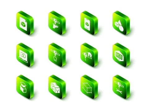 Set 3D printer gun, software, Basic geometric shapes, RGB and CMYK color mixing Illustrazione stock