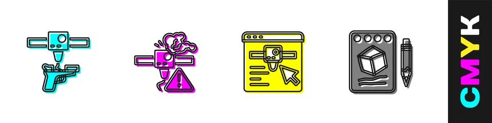 Set 3D printer gun, warning, setting and Sketch on paper icon. Vector 스톡 일러스트