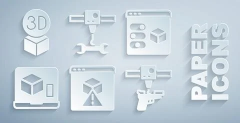 Set 3D printer, gun, wrench spanner and Isometric cube icon. Vector Illustrazione stock