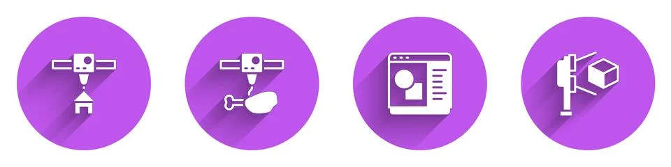 Set 3D printer house, chicken leg, software and scanner with cube icon with long Stock Illustration