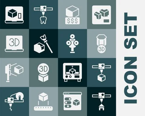 Set 3D printer house, cube, services, Isometric, and scanner icon. Vector イラスト素材