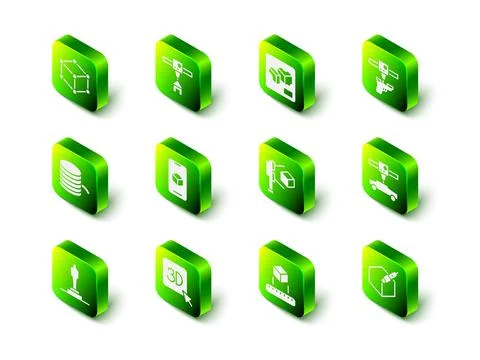 Set 3D printer house, gun, car, 3d pen tool, scanner with cube, Isometric and Ilustração Stock