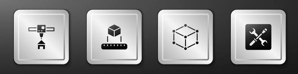 Set 3D printer house, Isometric cube, and setting icon. Silver square button Stock Illustration