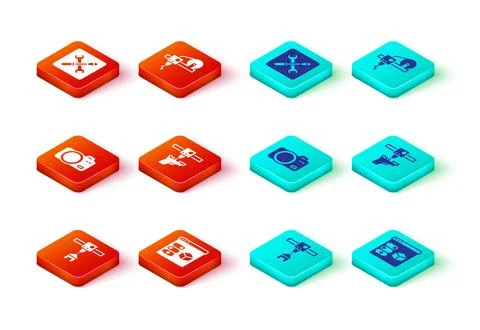 Set 3D printer house, Photo camera, gun, and setting icon. Vector Illustrazione stock