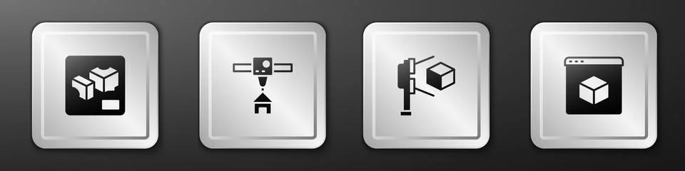 Set 3D printer, house, scanner with cube and icon. Silver square button. Vector 스톡 일러스트