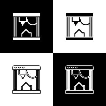 Set 3D printer icon isolated on black and white background. Vector Stock Illustration