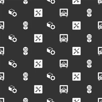 Set 3D printer, Isometric cube, and setting on seamless pattern. Vector 스톡 일러스트