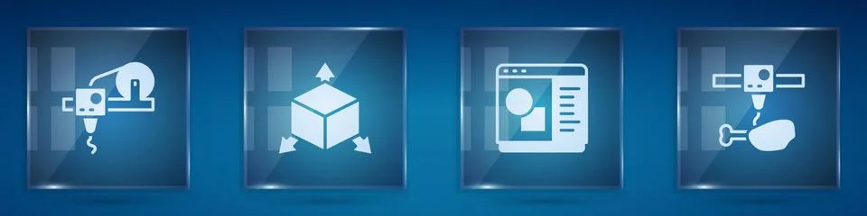Set 3D printer, Isometric cube, software and chicken leg. Square glass panels Ilustração Stock