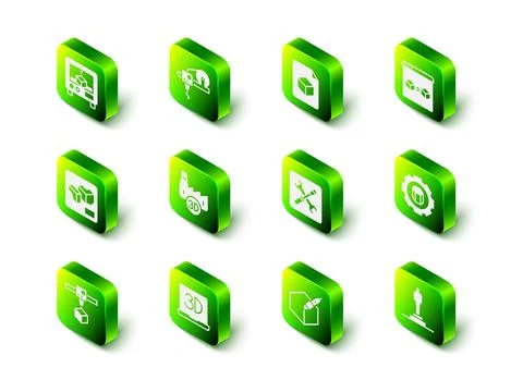 Set 3D printer, Isometric cube file, perfect copy, setting, model, 3d pen tool Stock Illustration