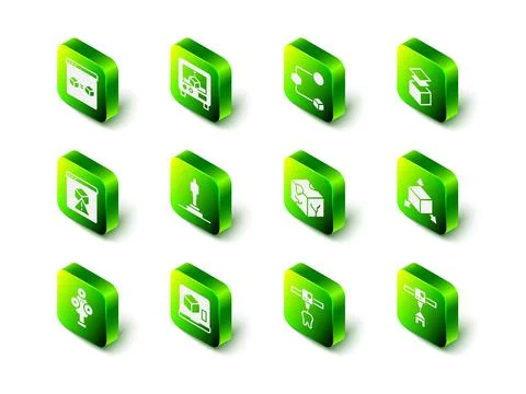 Set 3D printer, Isometric cube, Layers, house, tooth and icon. Vector 스톡 일러스트