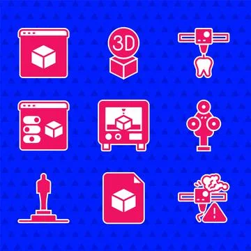 Set 3D printer, Isometric cube file, warning, scanner, model, tooth and icon Stock Illustration
