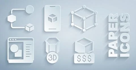 Set 3D printer, Isometric cube, software, services, and icon. Vector Ilustração Stock