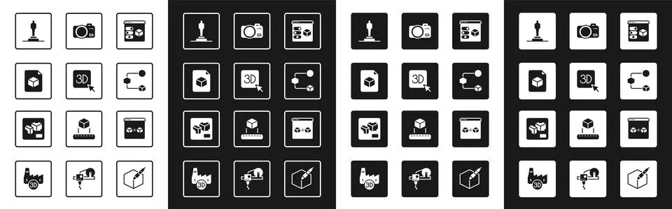 Set 3D printer, Isometric cube file, model, Photo camera, perfect copy and icon Stock Illustration
