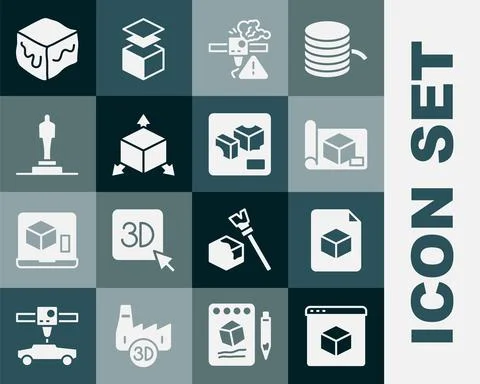 Set 3D printer, Isometric cube file, Graphing paper for engineering, warning Illustrazione stock