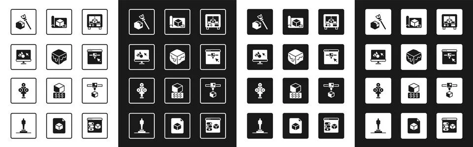 Set 3D printer, Isometric cube, software, setting, Graphing paper for Ilustração Stock