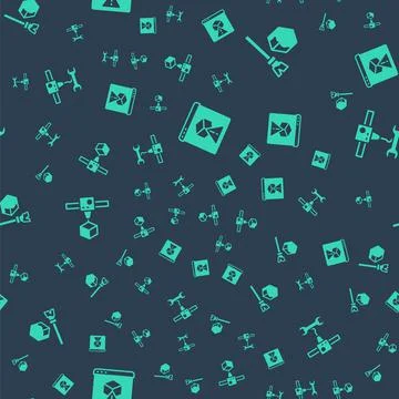 Set 3D printer, Isometric cube, and wrench spanner on seamless pattern. Vector Stock Illustration