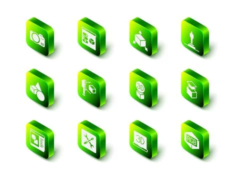 Set 3D printer, Isometric cube, model, Layers, RGB and CMYK color mixing, and Illustrazione stock