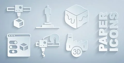 Set 3D printer, Isometric cube, Printing house industry, model and icon. Vector Illustrazione stock