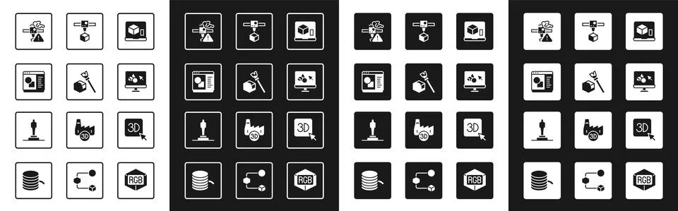 Set 3D printer, Isometric cube, software, warning, and model icon. Vector Stock Illustration