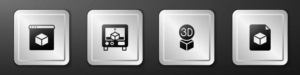 Set 3D printer, , Isometric cube and file icon. Silver square button. Vector Stock Illustration