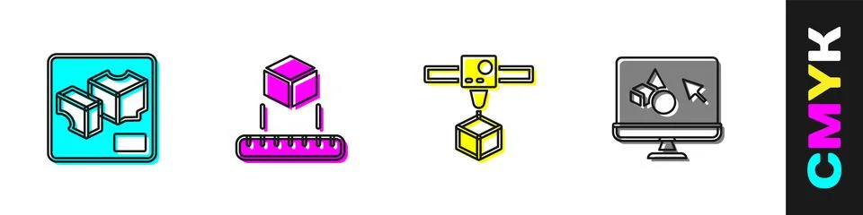 Set 3D printer, Isometric cube, and software icon. Vector Stock Illustration