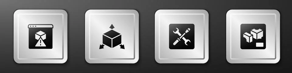 Set 3D printer, Isometric cube, setting and icon. Silver square button. Vector Stock Illustration