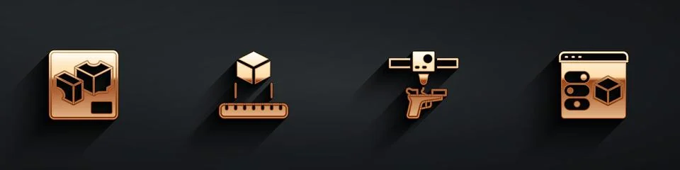 Set 3D printer, Isometric cube, gun and icon with long shadow. Vector Illustrazione stock