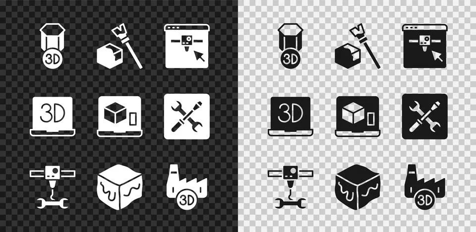 Set 3D printer, Isometric cube, setting, wrench spanner, Printing house ind.. 스톡 일러스트