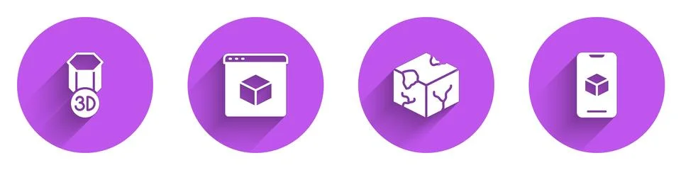 Set 3D printer, , Isometric cube and software icon with long shadow. Vector Ilustração Stock