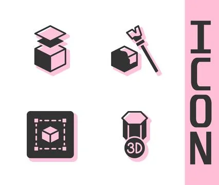 Set 3D printer, Layers, Geometric figure Cube and Isometric cube icon. Vector Stock Illustration
