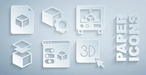 Set 3D printer, Layers, Isometric cube and file icon. Vector 스톡 일러스트