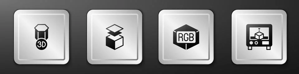 Set 3D printer, Layers, RGB and CMYK color mixing and  icon. Silver square .. Ilustración de archivo