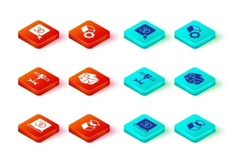 Set 3D printer, Layers, wrench spanner, Isometric cube, and icon. Vector Illustrazione stock