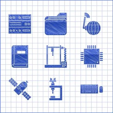 Set 3D printer, Microscope, Keyboard and mouse, Processor with microcircuits CPU 스톡 일러스트
