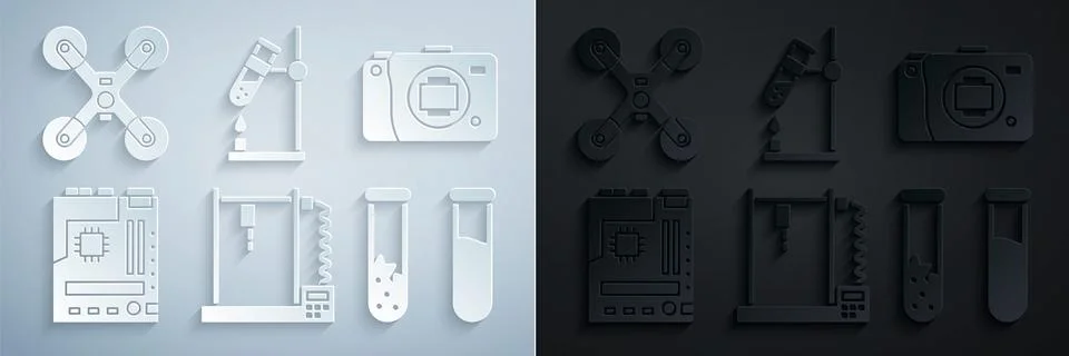 Set 3D printer, Mirrorless camera, Motherboard, Test tube and flask, on fir.. 库存插图