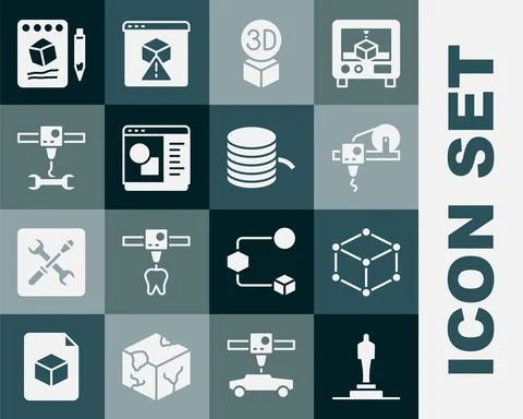 Set 3D printer model, Isometric cube, software, wrench spanner, Sketch on paper Ilustração Stock