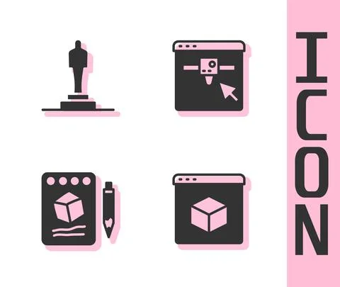 Set 3D printer, model, Sketch on paper and setting icon. Vector Illustrazione stock