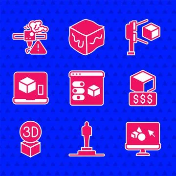Set 3D printer, model, software, services, Isometric cube, scanner with and Stock Illustration