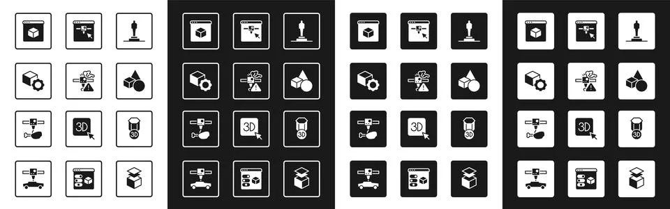 Set 3D printer model, warning, Isometric cube, Basic geometric shapes, setting Stock Illustration