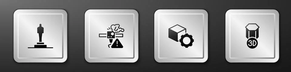 Set 3D printer model, warning, Isometric cube and  icon. Silver square butt.. Stock Illustration