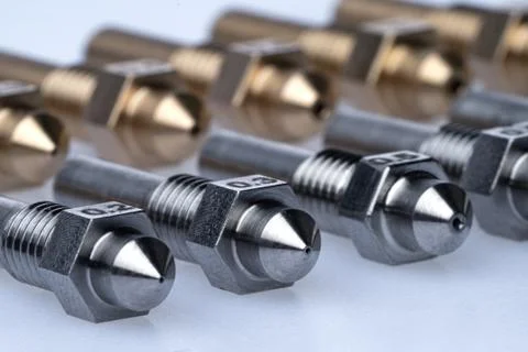 Set of 3D printer nozzles in different sizes on a white background Foto stock