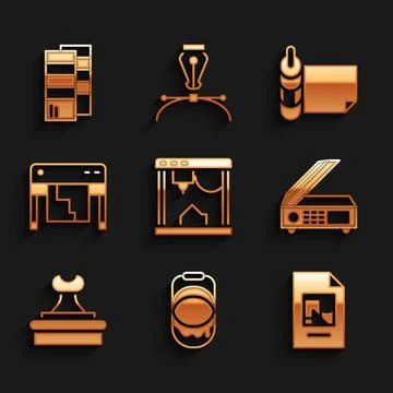 Set 3D printer, Paint bucket, File document, Scanner, Stamp, Plotter, Roll of イラスト素材