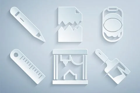Set 3D printer, Paint bucket, Ruler, brush, Torn document and Pencil with eraser Stock Illustration