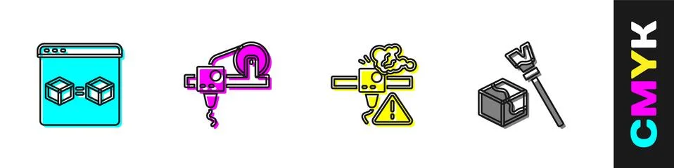 Set 3D printer perfect copy, , warning and Isometric cube icon. Vector Stock Illustration