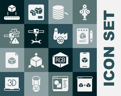 Set 3D printer perfect copy, software, Sketch on paper, Filament for, wrench Ilustração Stock