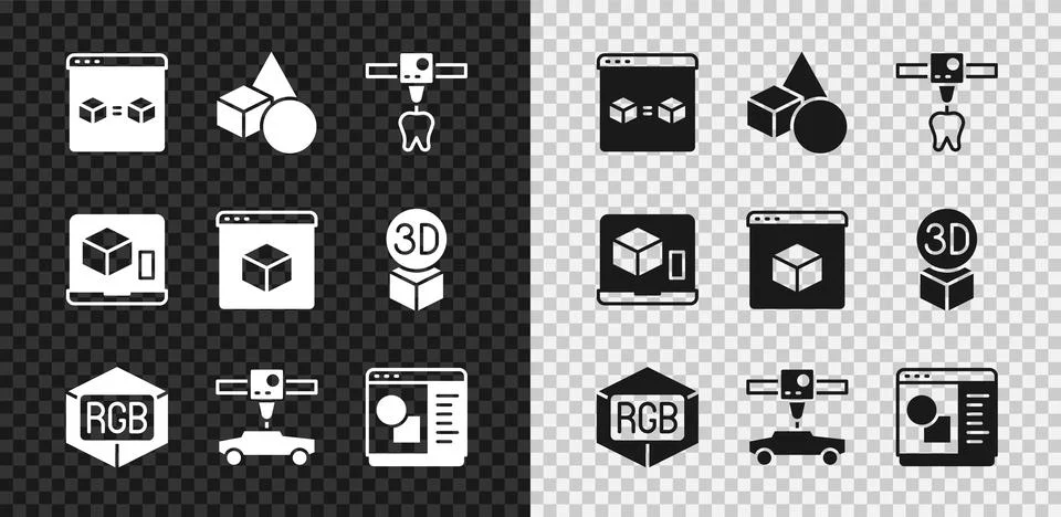 Set 3D printer perfect copy, Basic geometric shapes, tooth, RGB and CMYK colo Illustrazione stock