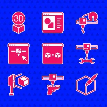 Set 3D printer perfect copy, gun, 3d pen tool, wrench spanner, scanner with cube Illustrazione stock