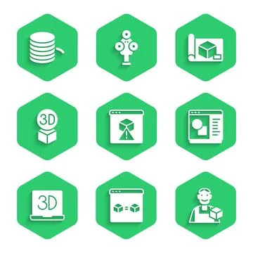 Set 3D printer, perfect copy, Graphic designer, software, Isometric cube Ilustração Stock